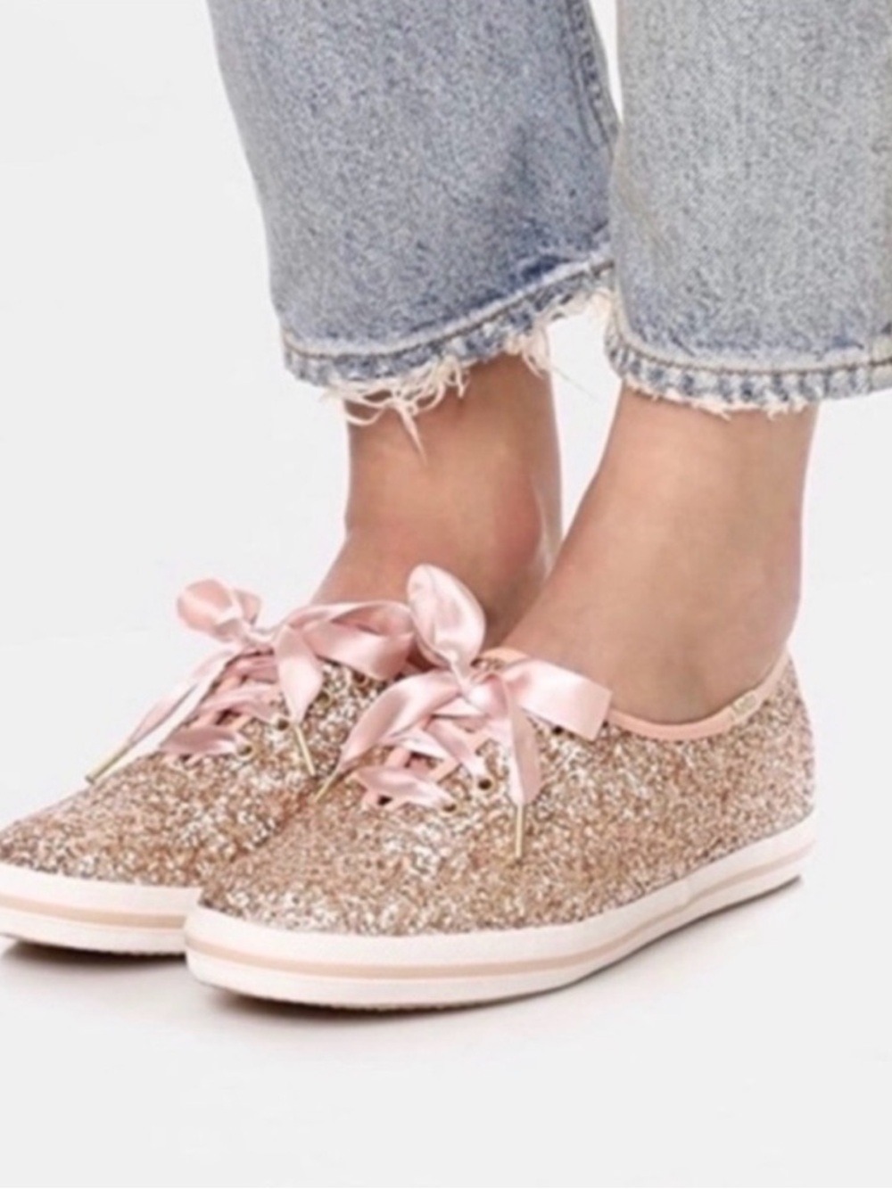 Keds x Kate Spade Rose Gold Glitter Sequin Sneakers with Satin Ribbon Laces